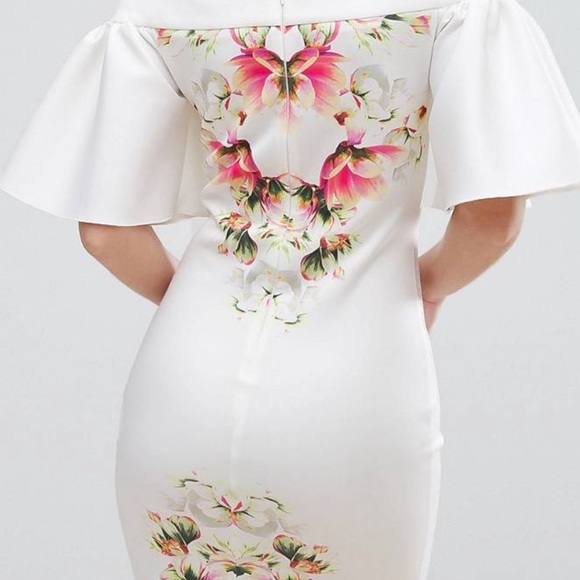 True Violet Off Shoulder Pencil Dress Frill Sleeve - Picture 3 of 5